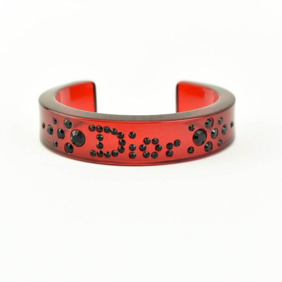 DIOR: Red & Black Austrian Crystals Logo Cuff (ow) - Picture 2 of 6
